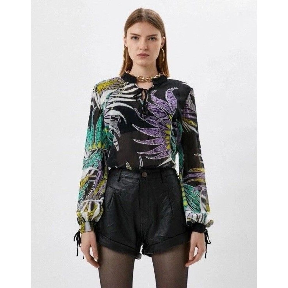 Just Cavalli Tie Silk Blouse Snakeskin Women’s 44 Tropical Sheer Mesh Designer